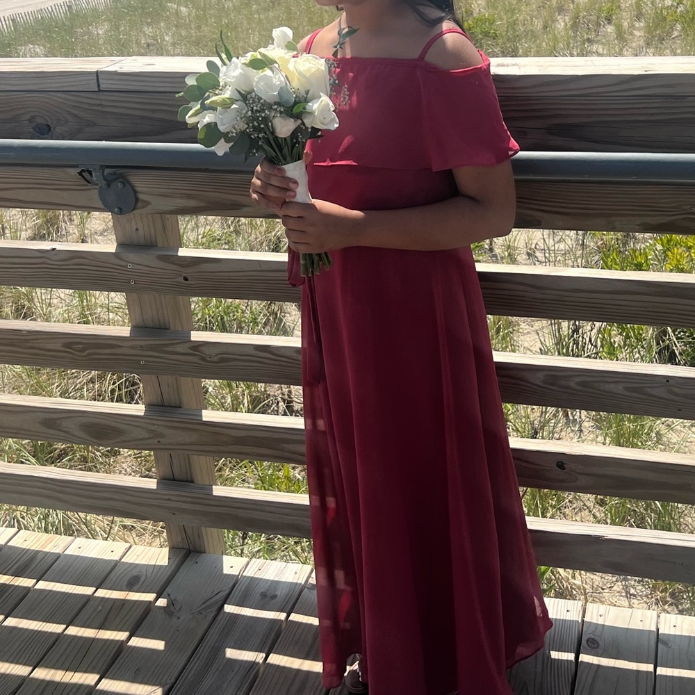 Desert rose color A-line Off the Shoulder Chiffon Junior Bridesmaid Dress
